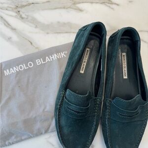 Manolo Blahnik Dark Green Suede Driving Moccasins